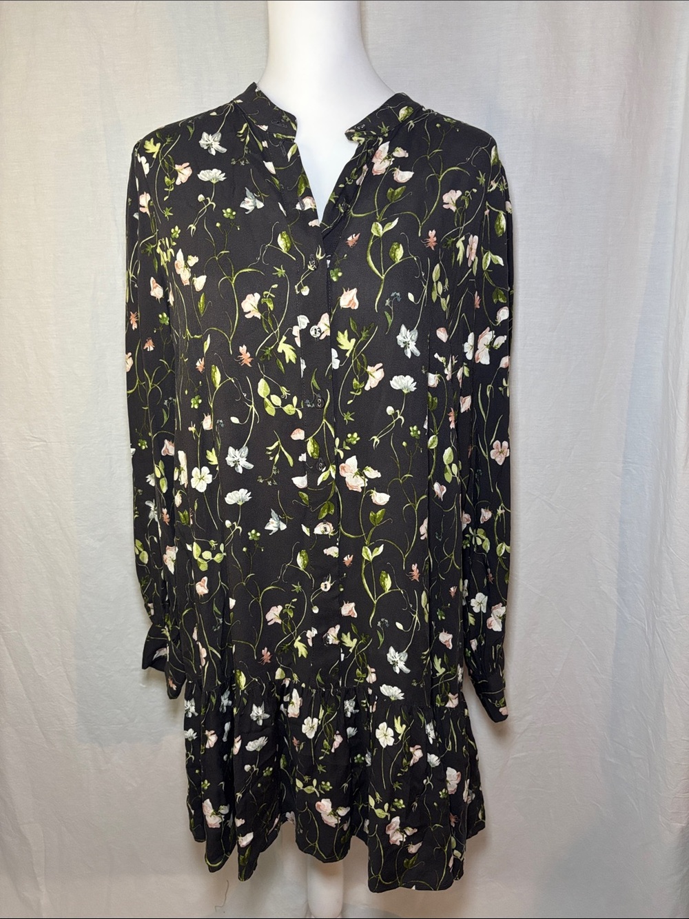 H&M Black Floral/Botanical Long Sleeve Tiered Dress with Green and Pink Accents
